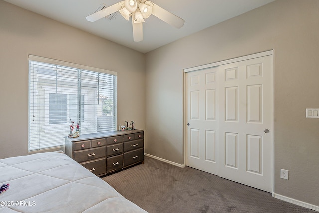 1482 S Banning St, Gilbert, AZ 85296 - bedroom featuring carpet, a closet, baseboards, and ceiling fan