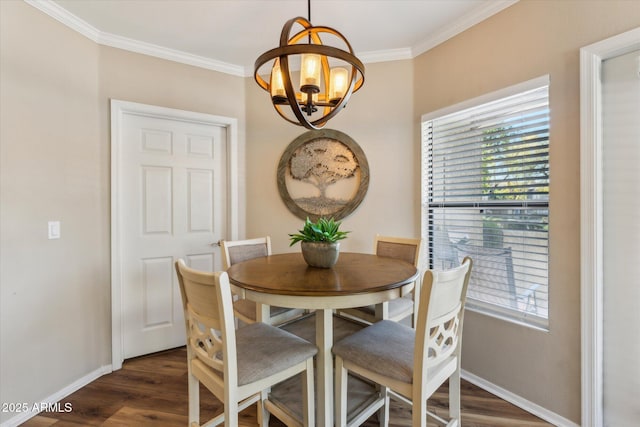 dining space with crown molding, baseboards, dark wood finished floors, and a notable chandelier