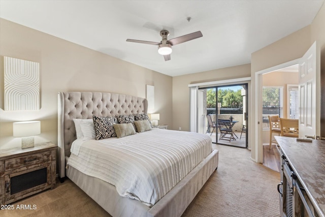 bedroom featuring access to exterior, ceiling fan, and light colored carpet