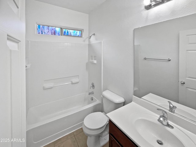 full bath featuring toilet, tile patterned flooring, vanity, and shower / bathing tub combination