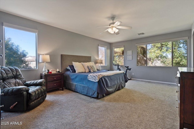 carpeted bedroom featuring ceiling fan