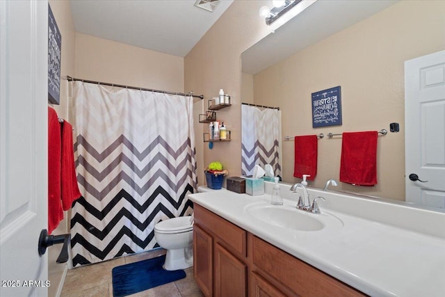 bathroom with toilet, a shower with curtain, tile patterned floors, and vanity