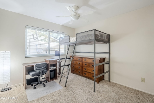 bedroom with carpet, baseboards, and ceiling fan