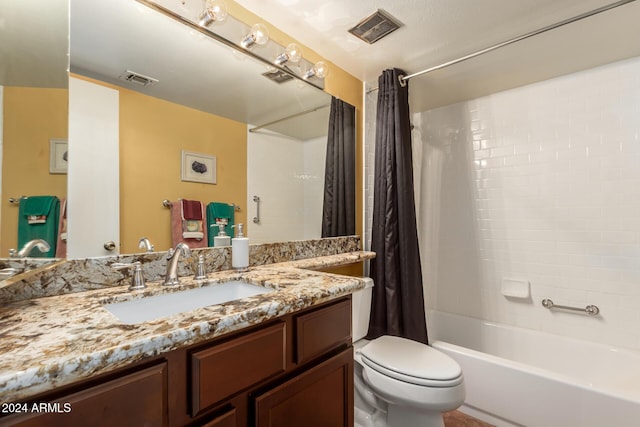 full bathroom with vanity, toilet, and shower / bathtub combination with curtain