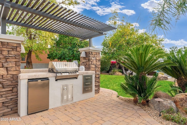 view of patio / terrace featuring area for grilling and a pergola