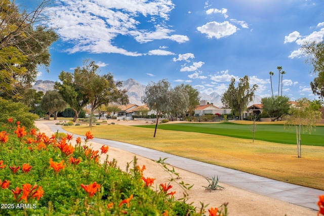 surrounding community with a lawn and a mountain view