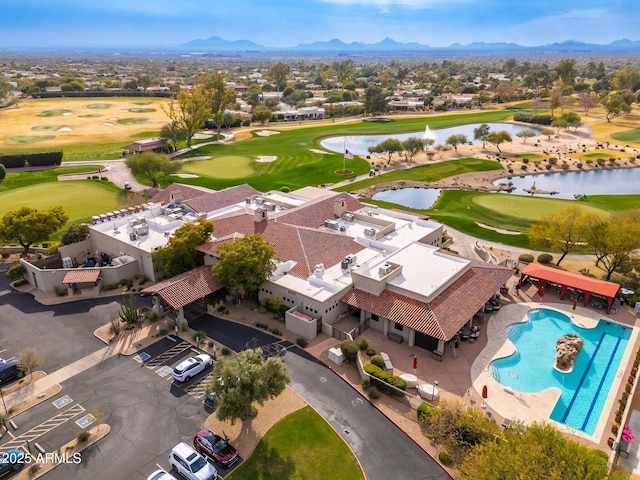 bird's eye view featuring a water and mountain view