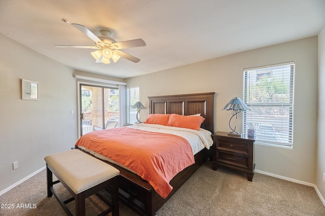 16631 E El Lago Blvd Unit 208, Fountain Hills, AZ 85268 - bedroom featuring access to exterior, light carpet, ceiling fan, and baseboards