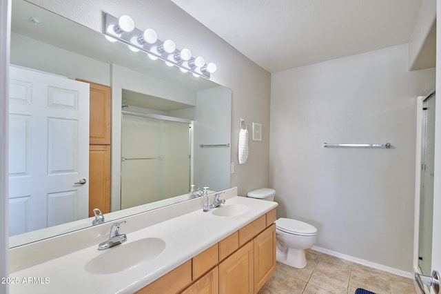 16631 E El Lago Blvd Unit 208, Fountain Hills, AZ 85268 - bathroom featuring a stall shower, toilet, double vanity, tile patterned flooring, and baseboards