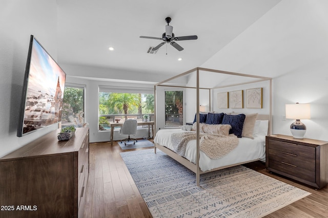 bedroom featuring recessed lighting, a ceiling fan, and wood finished floors