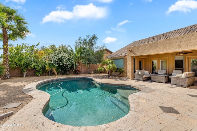 view of pool with ceiling fan, a patio area, a fenced in pool, an outdoor hangout area, and a fenced backyard