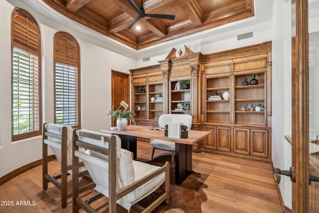 office area featuring beam ceiling, light wood-style floors, ceiling fan, coffered ceiling, and visible vents