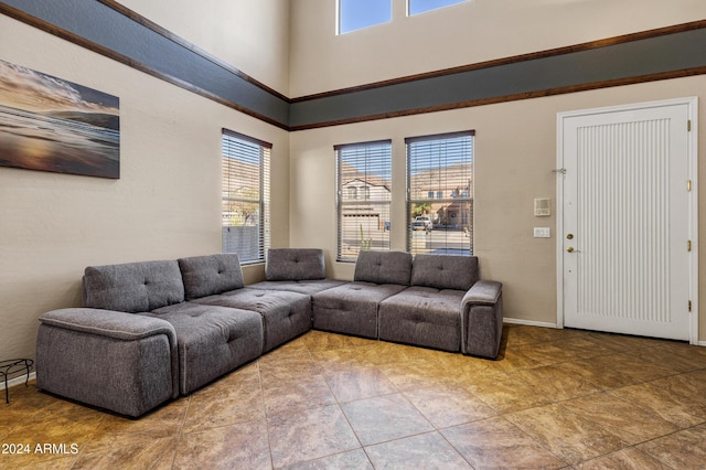 living room with a high ceiling