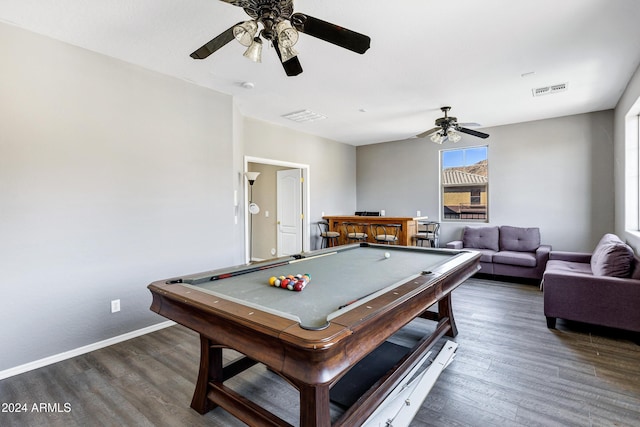 rec room featuring ceiling fan, dark wood-type flooring, and billiards