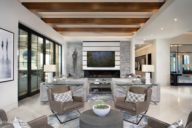 tiled living room featuring beamed ceiling