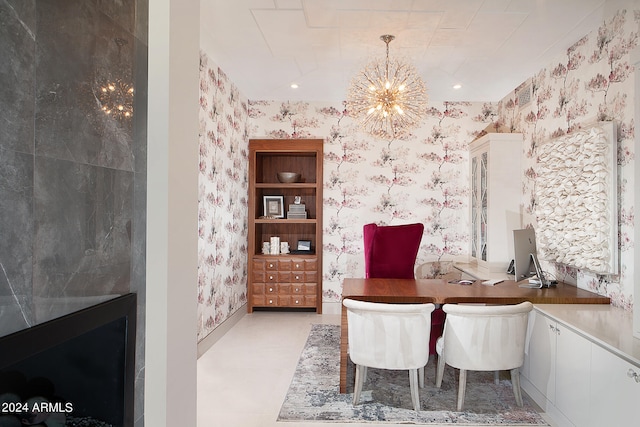 tiled home office featuring an inviting chandelier