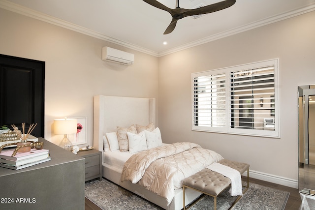 bedroom featuring a wall unit AC, crown molding, dark hardwood / wood-style flooring, and ceiling fan