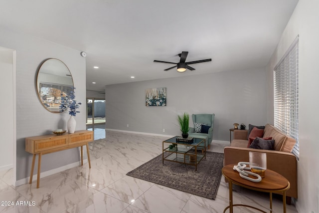 living room featuring ceiling fan