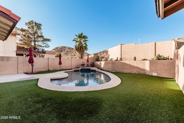 view of swimming pool featuring a fenced backyard and a yard