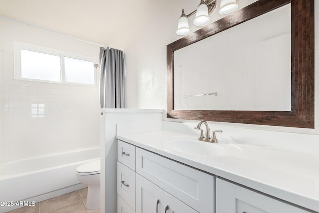 bathroom with toilet, shower / bath combo, vanity, and tile patterned floors