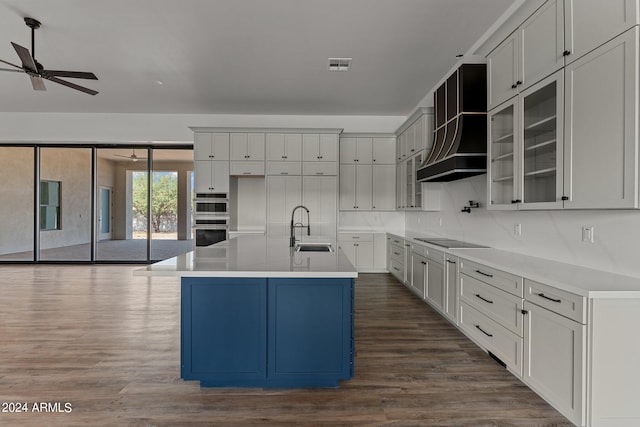 kitchen featuring dark hardwood / wood-style floors, custom exhaust hood, ceiling fan, sink, and backsplash