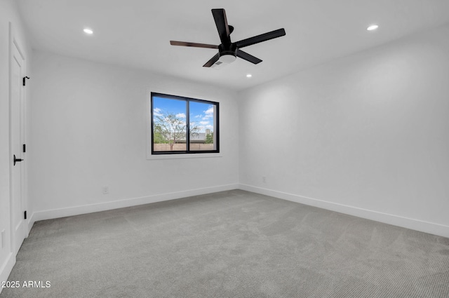 unfurnished room featuring carpet floors, recessed lighting, ceiling fan, and baseboards