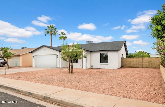 view of front of home featuring fence, concrete driveway, stucco siding, a garage, and a shingled roof