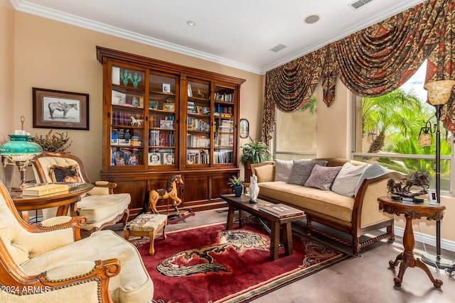 living area with visible vents, carpet, and ornamental molding