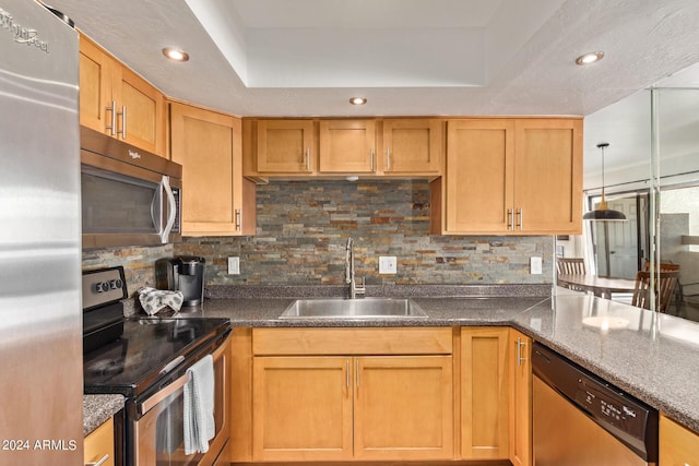 kitchen featuring a sink, a tray ceiling, backsplash, and stainless steel appliances