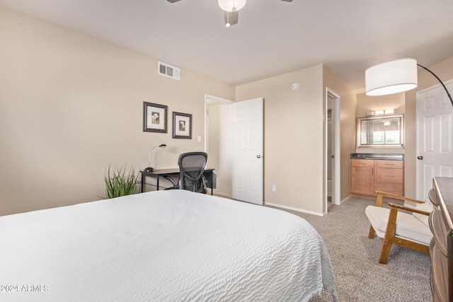 bedroom featuring light carpet, visible vents, a ceiling fan, and baseboards