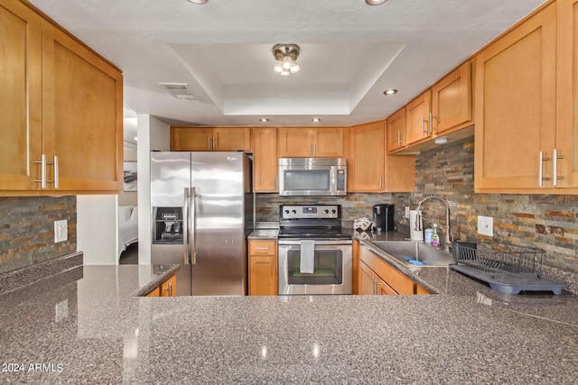 kitchen featuring dark stone counters, a sink, stainless steel appliances, a raised ceiling, and backsplash