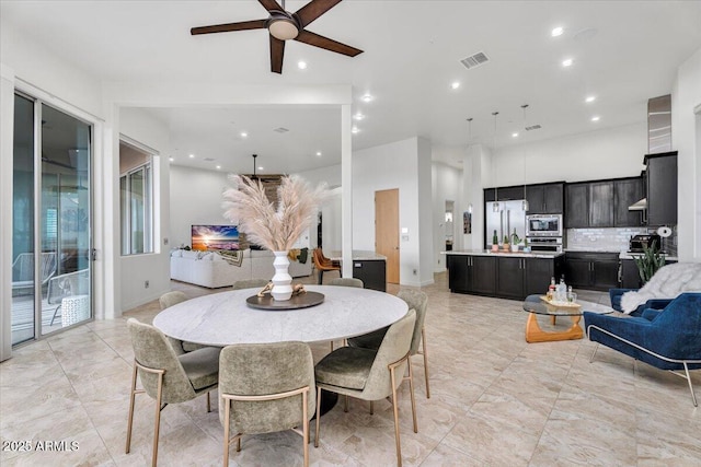 dining room featuring recessed lighting, visible vents, and ceiling fan