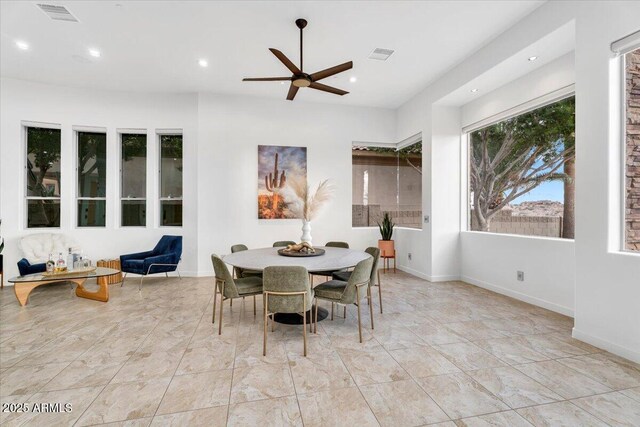 dining space featuring visible vents, recessed lighting, and ceiling fan