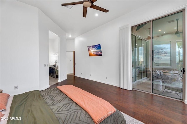 bedroom featuring visible vents, access to outside, wood finished floors, recessed lighting, and baseboards