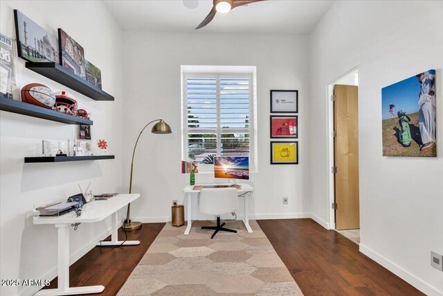 office space featuring ceiling fan, baseboards, and dark wood-style floors