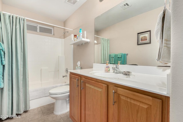 full bathroom with vanity, tile patterned flooring, shower / bath combination with curtain, and toilet