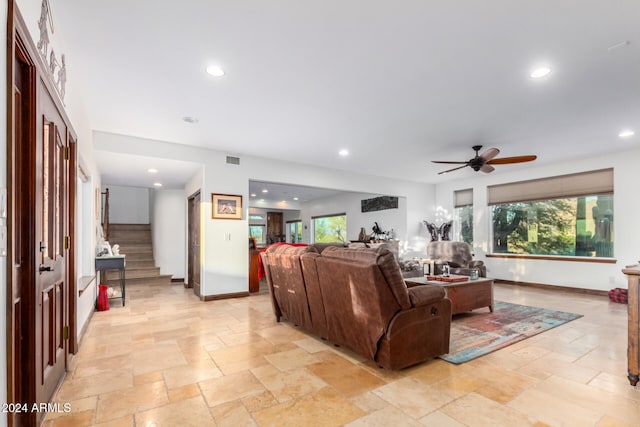 living room with ceiling fan