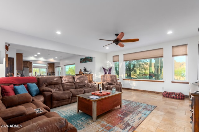 living room featuring ceiling fan