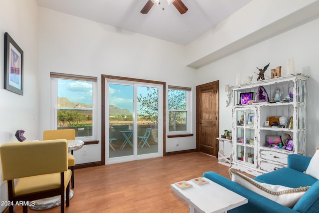 living area featuring ceiling fan and hardwood / wood-style floors