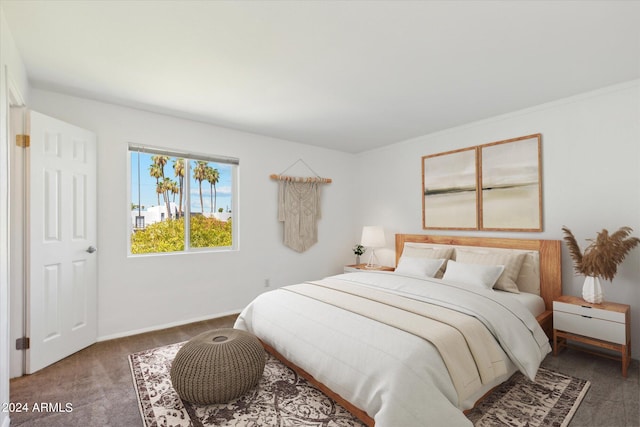 bedroom with dark colored carpet