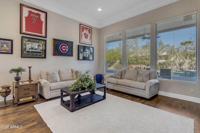 living room with crown molding and dark hardwood / wood-style floors