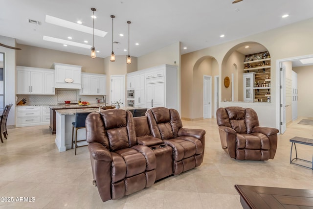 living room featuring light tile patterned floors