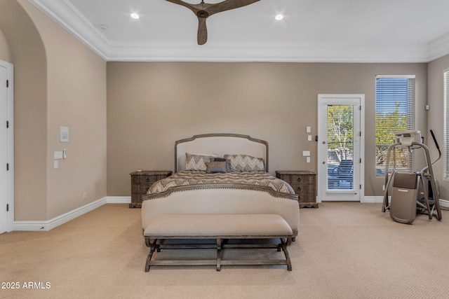 bedroom featuring ceiling fan, ornamental molding, access to exterior, and light carpet