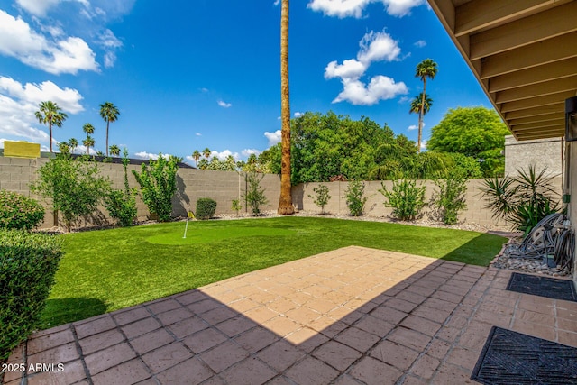 view of yard with a patio area and an area to practice putting