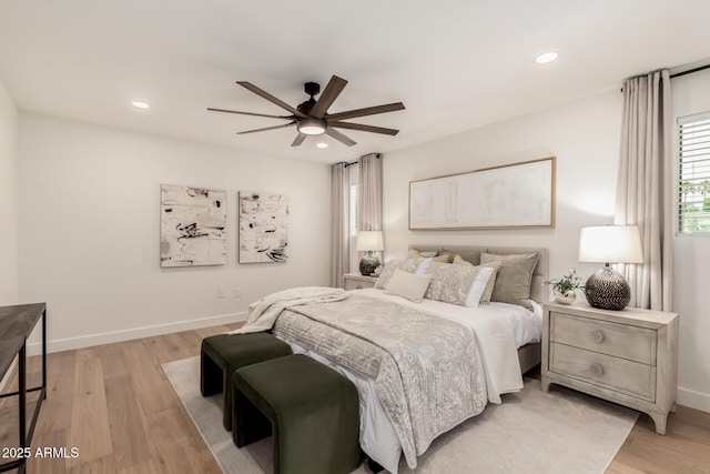 bedroom with light wood-style floors, recessed lighting, a ceiling fan, and baseboards