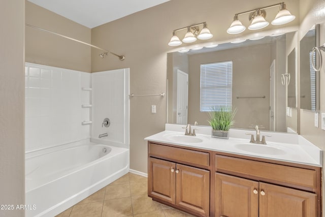 bathroom featuring tile patterned floors, shower / bathing tub combination, and vanity