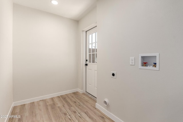 laundry room with light wood finished floors, laundry area, baseboards, washer hookup, and electric dryer hookup