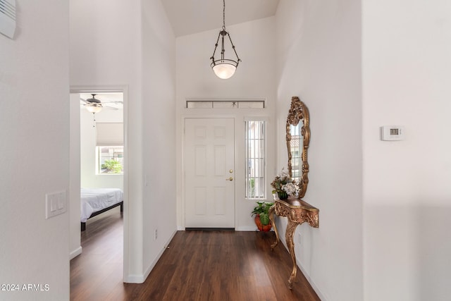 entryway with high vaulted ceiling and dark wood-type flooring