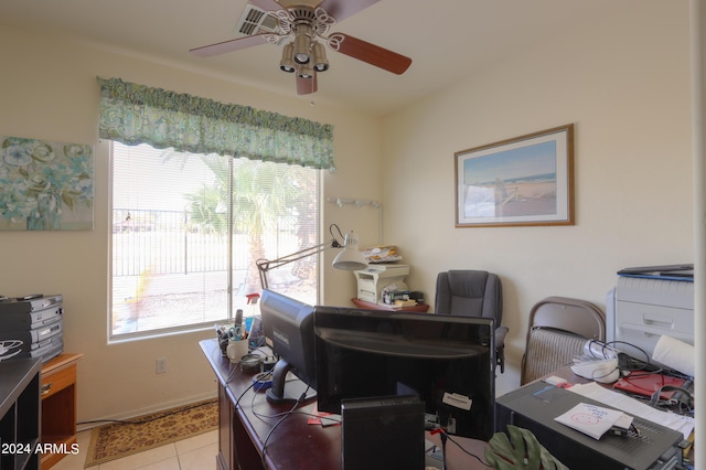 home office featuring ceiling fan and light tile patterned flooring