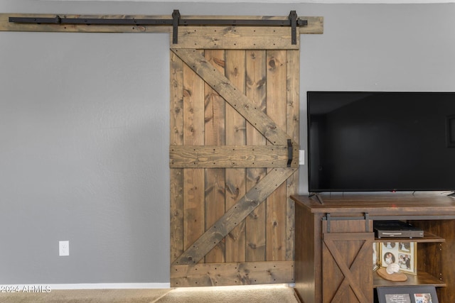 interior details featuring carpet and a barn door